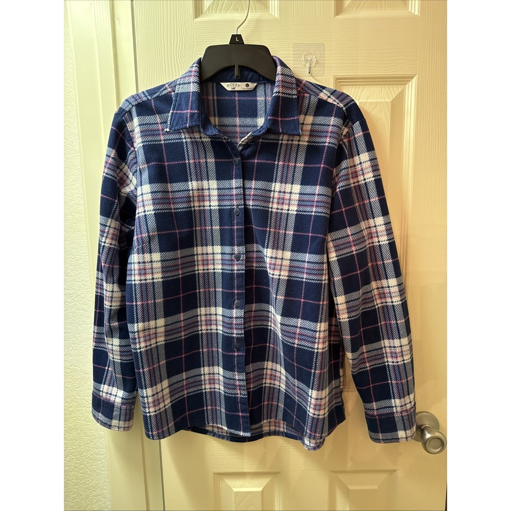 Lee Riders Mens Large Plaid Fleece Button Down Shirt Navy Pink JLP1WSJ